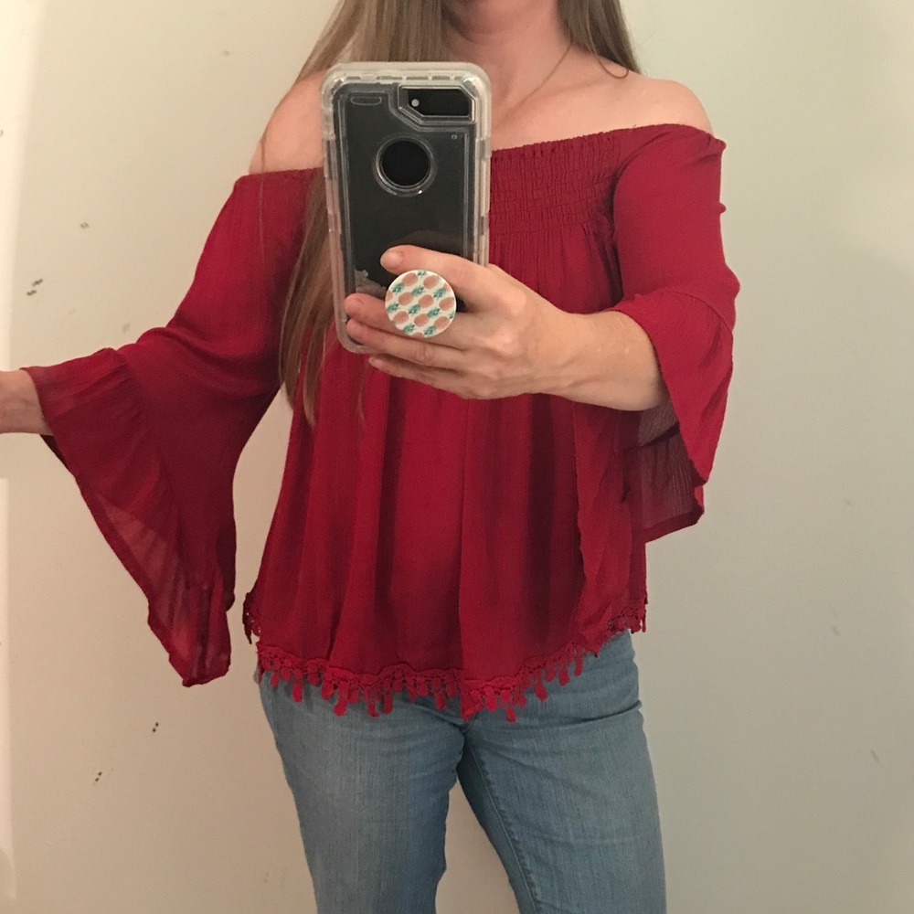 Bohemian off shoulder red chiffon blouse top - Picture 4 of 5